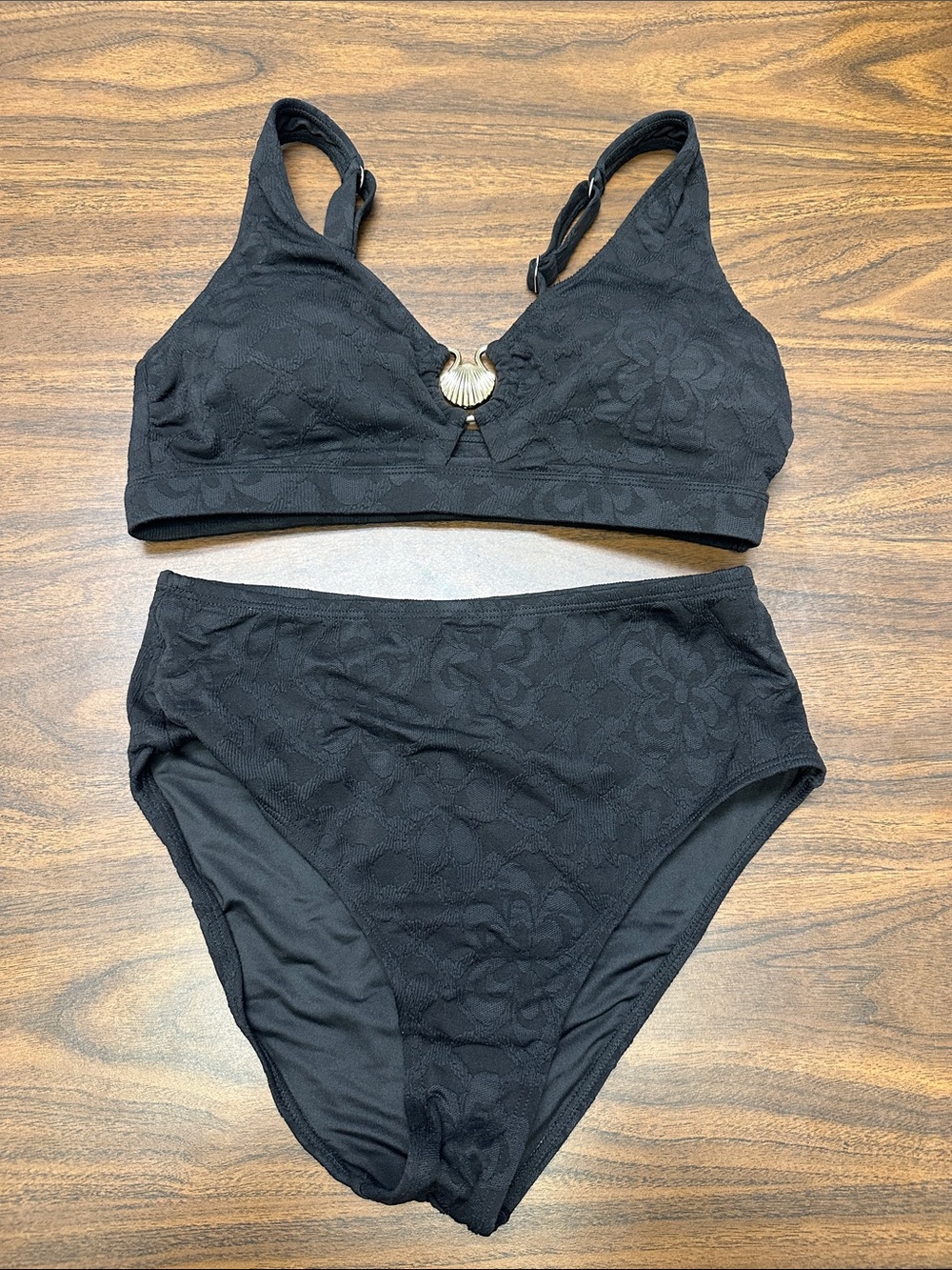 Black Floral-Texture Bikini Top & High-Waist Bottoms
